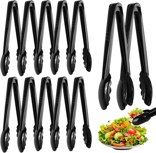 Mwellewm 12 Pc Serving Tongs 9 Inch Bulk Reusable or Disposable Plastic Tongs Heavy Duty Hard Plastic Serving Utensils Set Large Salad Tong for Kitchen Party Food Buffet Appetizer Catering(Black） by Mwellewm