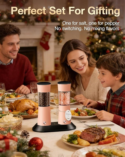 Gravity Electric Salt and Pepper Grinder Set with USB-C Charging Base,Rechargeable Automatic Stainless Steel Pepper Mill Grinder with LED Light, 2pack+Peach Orange (Peach Orange)
