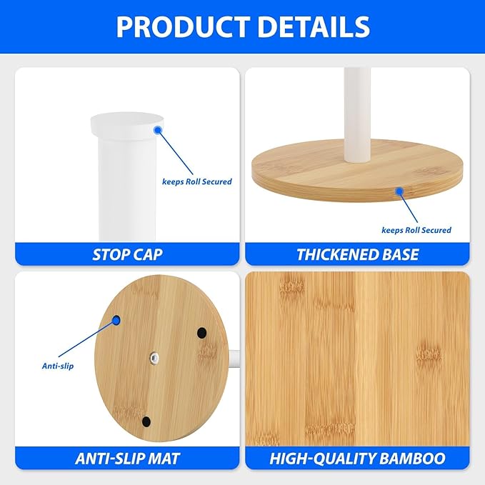 Wooden Paper Towel Holder Countertop, White,Non-Slip Base, Stainless Steel, FreeStanding, Easy Install, Durable, Ideal for Home,RV,Bathroom,Farmhouse Essentials Decor Accessories