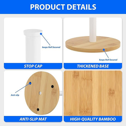 Wooden Paper Towel Holder Countertop, White,Non-Slip Base, Stainless Steel, FreeStanding, Easy Install, Durable, Ideal for Home,RV,Bathroom,Farmhouse Essentials Decor Accessories