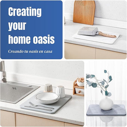 Quick Dry Stone Drying Mat for Kitchen Counter, Water-Absorbent Diatomaceous Dish Drying Mats, Multi-Purpose Stone Drying Tray for Cups Dishes Bottles, Carrara White
