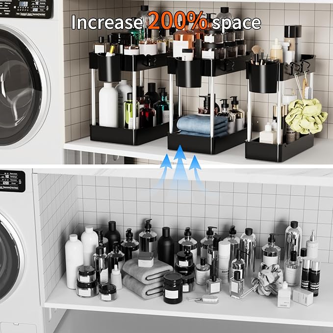 3 Pack Under Sink Organizers and Storage, 2 Tier Bathroom Cabinet Organizer Shelf with Hanging Cups for Kitchen & Bathroom (Black) - Image 5