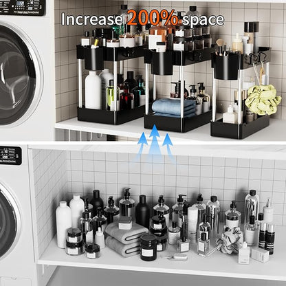 3 Pack Under Sink Organizers and Storage, 2 Tier Bathroom Cabinet Organizer Shelf with Hanging Cups for Kitchen & Bathroom (Black) - Image 5