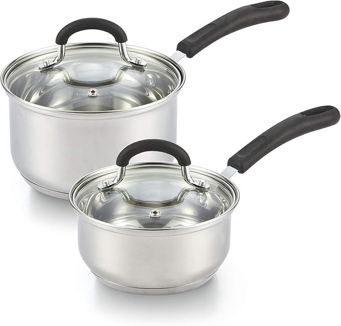 Cook N Home 1 & 2 Quart Stainless Steel Saucepan Sets with Lid, Induction Compatible Milk Pots, Stay-Cool Silicone Handle, Mirror Polished 18/10 Cookware, Dishwasher & Oven Safe, Silver by CookNHome
