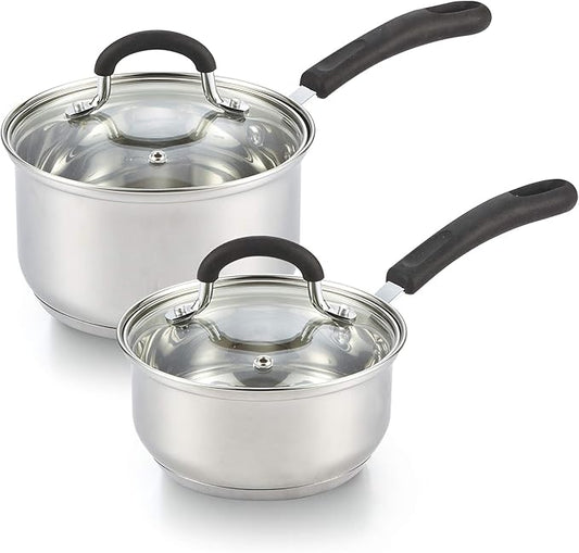 Cook N Home 1 & 2 Quart Stainless Steel Saucepan Sets with Lid, Induction Compatible Milk Pots, Stay-Cool Silicone Handle, Mirror Polished 18/10 Cookware, Dishwasher & Oven Safe, Silver by CookNHome