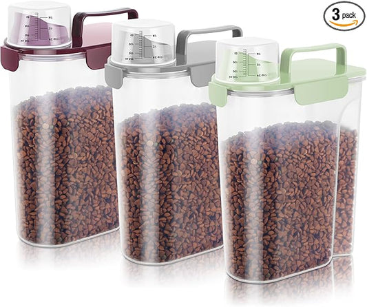 5-7Lbs Portable Cat Dog Food Storage Container with Upgraded Large Spout and Cup Dispenser for Small Large Animal Kibble, Pet Bird snack, Oatmeal, Rice, Flour, Brown Sugar-3 Pack (Purple Gray Green)