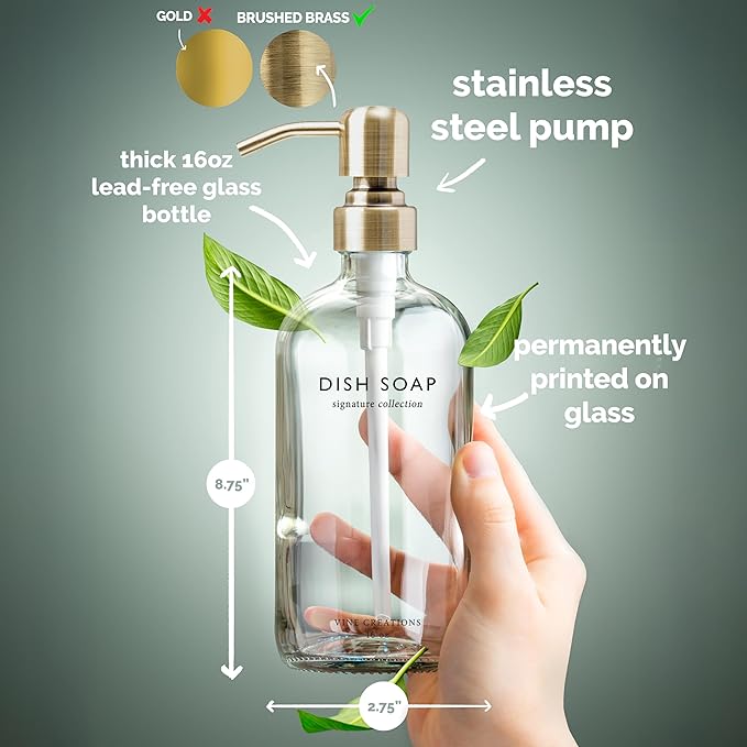 Vine Creations Clear Glass Soap Dispenser Set, Dish Soap and Hand Soap Dispenser Set with Stainless Steel Pump, 16 oz Glass Dispensers for Kitchen Bathroom Decor (Clear Bottle/Brushed Brass Pump) - Image 5