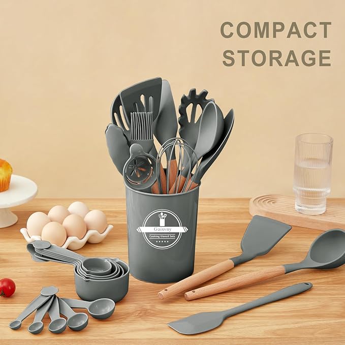 Kitchen Utensils Set - 34 PCS Non-Stick Silicone Cooking Utensils Set Spatula Set with Holder, Wooden Handle Spoon,Brush,Whisk Kitchen Gadgets Tools Set for Nonstick Cookware (Gray-34P) - Image 8