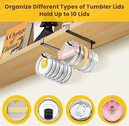 2 Pack Tumbler Lid Organizer, Under Cabinet Cup Lid Holder for Yeti Insulated Mug/Stanley Insulated Mug/Simple Modern Insulated Mug Lid, No Gluing, No Drilling, Up to 10 Lids (Black) - Image 5