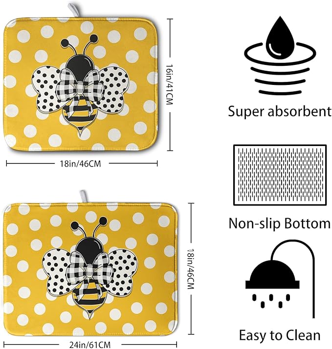 Bee Dish Drying Mat for Kitchen Counter 18x24 Inch Yellow Bumblebee Polka Dots Dishes Pad Cute Honey Bees Dish Draining Microfiber Absorbent Dish Drainer Rack Mat Large Kitchen Accessories - Image 2