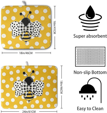 Bee Dish Drying Mat for Kitchen Counter 16x18 Inch Yellow Honey Bees Polka Dots Dishes Pad Cute Bumblebee Dish Draining Microfiber Absorbent Dish Drainer Rack Mat Medium Kitchen Accessories - Image 2
