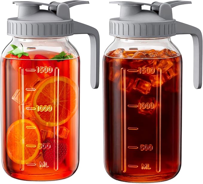 OneDream 2 Pack Glass Pitcher with Lid, 64 oz Sun Tea Glass Jar for Outside, Large Mason Jar Wide Mouth, Iced Tea Pitcher for Cold Beverages, Breast Milk by OneDream