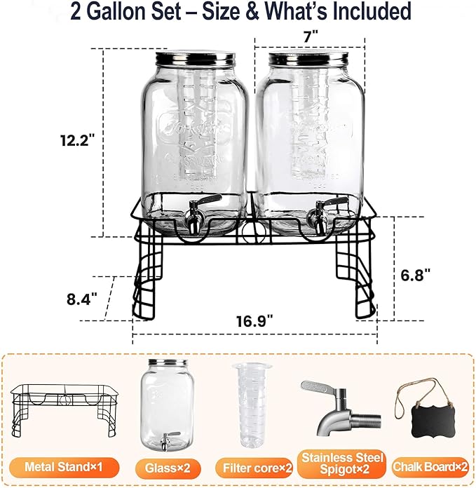 2 Gallon Drink Dispensers for Parties, 2 Pack Glass Beverage Dispenser with Stand & 18/8 Stainless Steel Spigot, Lemonade Jug for Wedding, Picnic, BBQ - Image 2