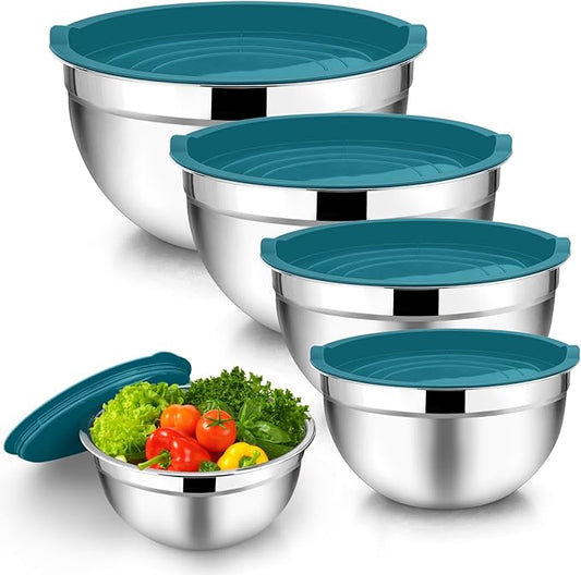 TeamFar Mixing Bowl Set of 5, Stainless Steel 4.5/3/1.5/1/0.7 QT Metal Nesting Salad Bowls with Lids, Ideal for Mixing Serving Tossing, Non-Toxic & Sturdy, Airtight Lid & Easy Clean, Blue by TeamFar