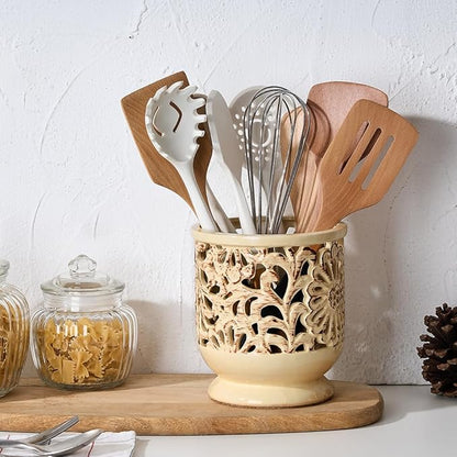 Farmhouse Kitchen Utensil Holder for Countertop, Ceramic Large Cooking Utensil Crock with Cork Mat, Decorative Rustic Utensil Holder for Kitchen Counter, Hollow Carving Flower, Beige