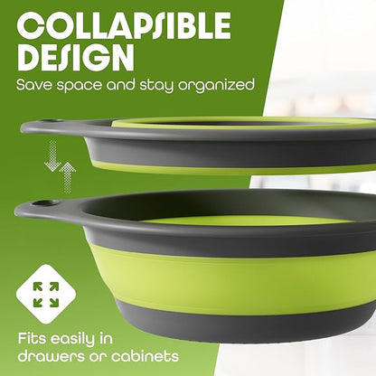 Gevoli Large Collapsible Colander with Self Draining Base - 5Qt Side Drain Food Strainer for Edge of Kitchen Sink (Patent Pending) Green (2 Piece Set) - Image 2