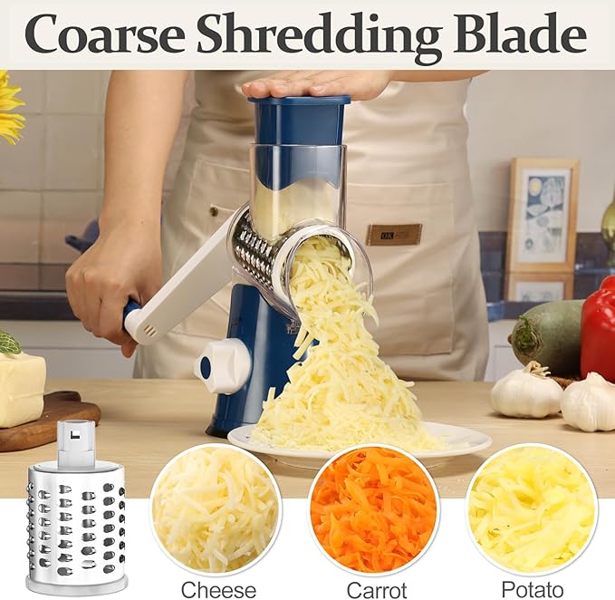 Cambom Rotary Cheese Grater Hand Crank Cheese Shredder for Fresh Cheese, Vegetable, Nuts, Non-slip Suction Base,Five Blades, Deep Blue - Image 4