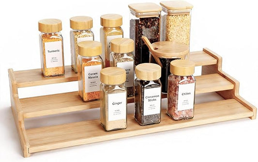 Spice Rack Organizer for Cabinet, 18in Bamboo Tiered Spice Rack，Used for Kitchen Countertops and Food Storage Room Organizer，Specially Designed for Jars and Spice Bottles(Bamboo, L)