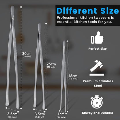 HOTEC Kitchen Tweezers Tongs Stainless Steel Professional Chef Tweezers, Set of 3-6.3", 10" and 12inch Food Tongs for Cooking, Repairing, Dessert, BBQ, Meat, Pasta - Image 3