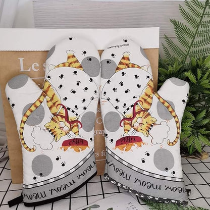 Oven Mitts and Pot Holders Sets, Funny Kitchen Oven Mitts Heat Resistant of 500 Degrees, Pure Cotton Hot Pads and Oven Mitts Sets for Baking,Cooking,BBQ Grilling-White Cat(4Pcs Set)