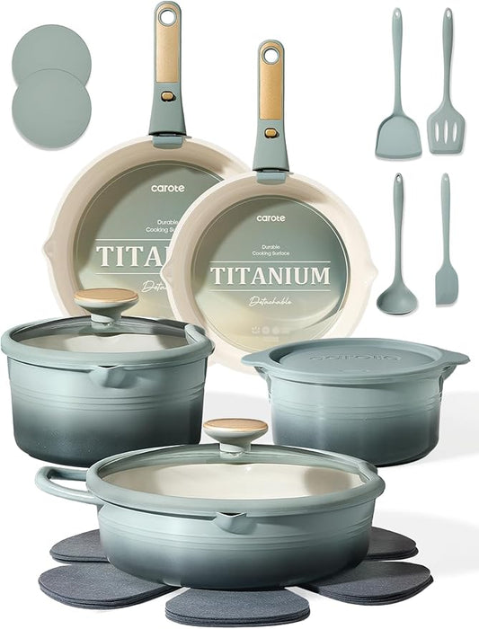 CAROTE 20Pcs Titanium Cookware Set, Pots and Pans Set Non Stick, Kitchen Cooking Set with Detachable Handle, Non Toxic Induction Cookware, Dishwasher/Oven Safe by CAROTE
