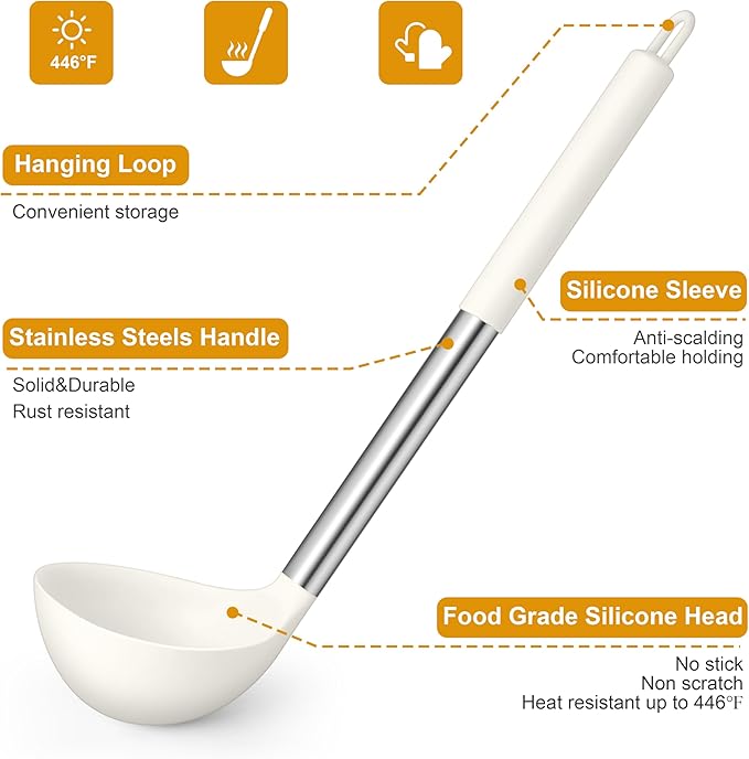 LIANYU 15 Pcs Cooking Kitchen Utensils Set with Holder, Silicone Kitchen Gadgets with Stainless Steel Handle, Heat Resistant Spatula Tools, Brush Spoon Tong Whisk Ladle Turner for Cookware, White - Image 3