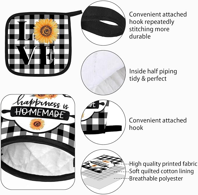 5 Pieces Buffalo Plaid Kitchen Towels Oven Mitts and Pot Holder Set Black and White Kitchen Towels Oven Gloves, Hot Pads Pot Holders for Farm House Accessories Decor(Sunflower) - Image 3