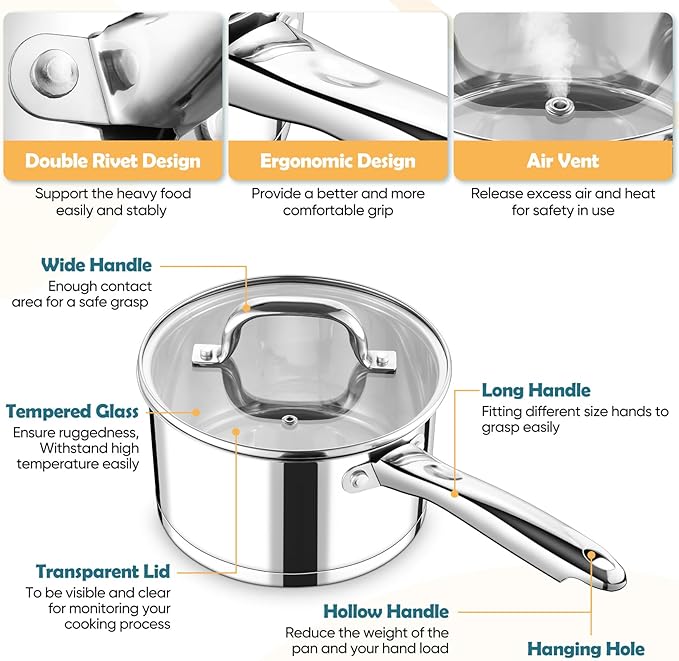 P&P CHEF 3 Quart Saucepan with Lid Set, Stainless Steel Small Cooking Pot Induction Sauce Pan for Pasta Soup, Ergonomic Handle & Tri-ply Base, Dishwasher Safe, 1 Pan - Image 3