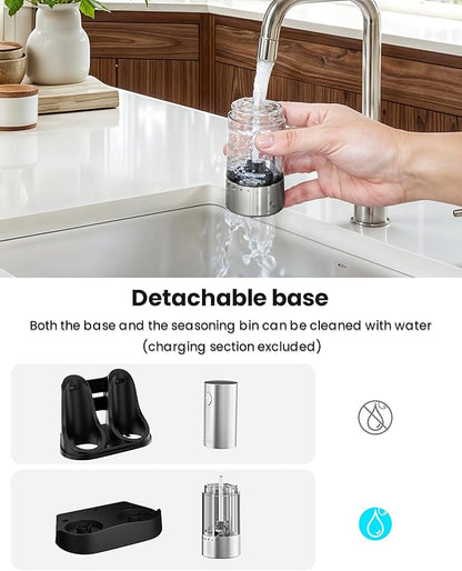 Electric Salt and Pepper Grinder Set with Rechargeable Base - Automatic Refillable Electric Salt and Pepper Shakers with Large Capacity, LED Light & Adjustable Coarseness, Stainless Steel - Image 5