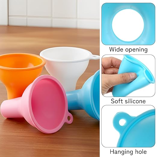 4 Pack Silicone Funnel, 3 Inch Wide Mouth Funnel for Kitchen Use Filling Bottles Flexible Kitchen Funnels for Home Restaurant Squeeze Bottles Jars Cans Water Liquid Oil or Powder Transfer
