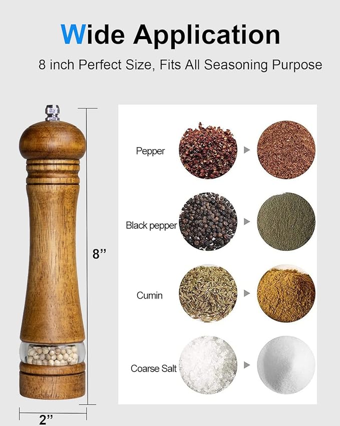 Pepper Grinder Salt Grinder Wooden Pepper Mill Grinder w/Adjustable Coarse, 8 inch Tall Wood Refillable Manual Pepper Grinder Mill Peppermill for Black Peppercorn, Easy Clean w/Cleaning Brush - Image 5