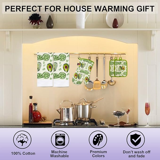 Oven Mitts and Potholders Dish Towles Set 100% Cotton for Perfect for Gifting, Baking and Everyday Cooking Durable Heat Resistant for Kitchen (5-Piece Lemon Avocado) - Image 6