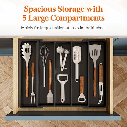 Lifewit Utensil Organizer for Kitchen Drawers, Expandable Cooking Utensil Tray, Adjustable Cutlery Silverware Flatware Holder, Plastic Spatula Tools Storage Divider, 11-18 x 14", Black - Image 4