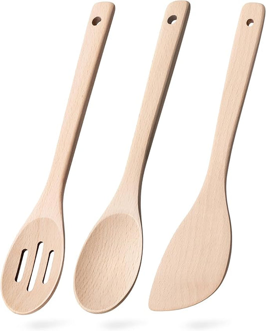 Wooden Spoons for Cooking, 3-Piece Wood Utensil Set Includes Slotted Spoon, Spoon & Wooden Spatula for Cooking – Uncoated Beech Wood Kitchen Utensil Set – 12 Inch Hardwearing Tools by HEFILD