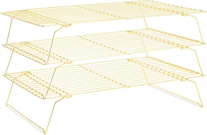 Cooling Rack for Baking 3 Tiers, 16" x 10" Cookie Cooling Wire Rack Stackable Collapsible Nonstick, Stainless Steel Baking Cooking Cooling Racks with Optimum Air Flow, Gold by Briout