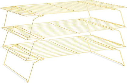 Cooling Rack for Baking 3 Tiers, 16" x 10" Cookie Cooling Wire Rack Stackable Collapsible Nonstick, Stainless Steel Baking Cooking Cooling Racks with Optimum Air Flow, Gold by Briout