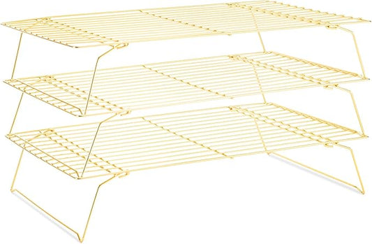 Cooling Rack for Baking 3 Tiers, 16" x 10" Cookie Cooling Wire Rack Stackable Collapsible Nonstick, Stainless Steel Baking Cooking Cooling Racks with Optimum Air Flow, Gold by Briout