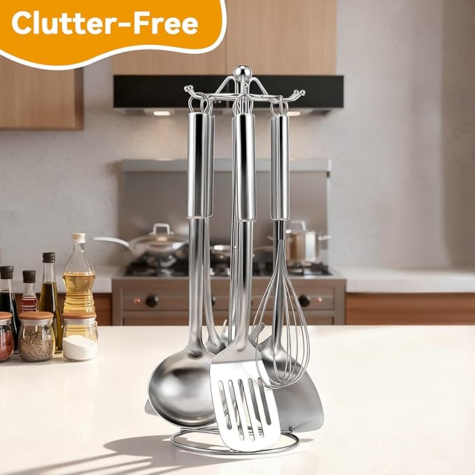 Stainless Steel Kitchen Cooking Utensils Set of 7 - Kitchen Utensils with Hanging Rack, Spatula, Slotted Turner, Soup Ladle, Slotted Spoon, Whisk, Pasta Server, Holder, Dishwasher Safe - Image 3