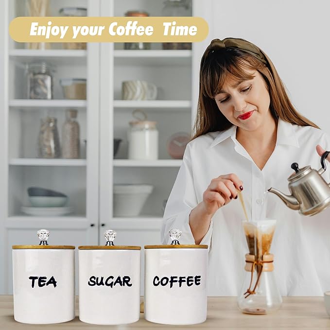Coffee Tea Sugar Container Set of 3,Farmhouse Storage Containers Jars,Airtight Ceramic Kitchen Canister Set with Bamboo Lids for Kitchen Counter Dining Room (Ceramic, 1)