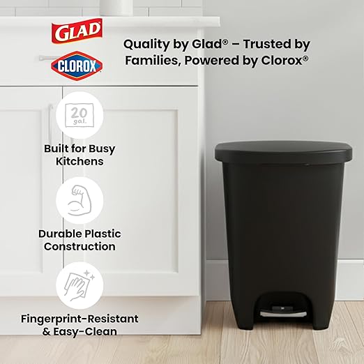 Glad 13 Gallon Trash Can, 2 Pack | Plastic Kitchen Waste Bin with Odor Protection of Lid | Hands Free with Step On Foot Pedal and Garbage Bag Rings, Black, 2 Count