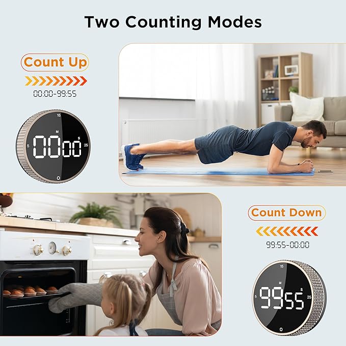 Upgrade Digital Kitchen Timer - Magnetic Countdown Countup Visual Pomodoro Timer with Large LED Display, 3-Preset Times (5, 15, 25), 3 Volume Levels, Ideal for Cooking, Baking and Fitness (2, Tarnish) - Image 6