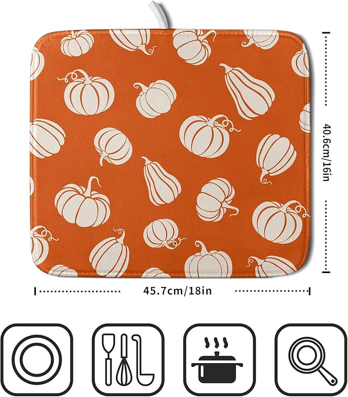 Fall Dish Drying Mat for Kitchen Counter Autumn White Pumpkins Festival Microfiber Absorbent Dish Draining Reusable Washable Foldable 16"x18" - Image 2