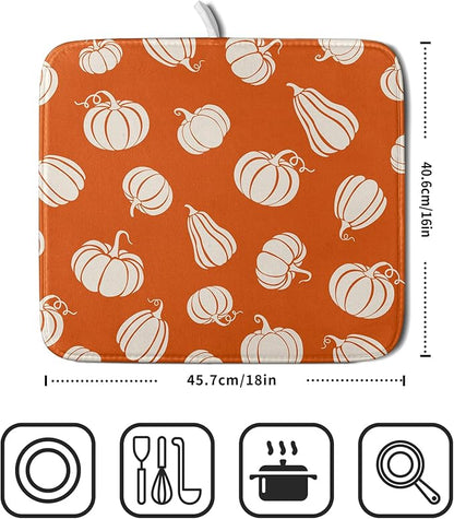 Fall Dish Drying Mat for Kitchen Counter Autumn White Pumpkins Festival Microfiber Absorbent Dish Draining Reusable Washable Foldable 16"x18" - Image 2