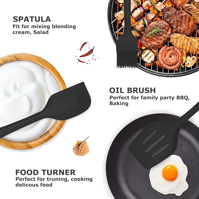 Silicone Kitchen Cooking Utensils Set Kitchen Spatula Set with Holder,5 pcs Heat Resistant Silicone Kitchen Utensils Gadgets Tools Set for Nonstick Cookware,Dishwasher Safe (Black) - Image 3