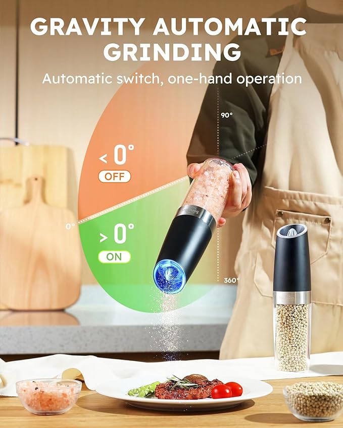 Sangcon Gravity Electric Salt and Pepper Grinder Set Shakers UPGRADED 9OZ XL CAPACITY Battery Powered Refillable Automatic One Hand Operation Adjustable Coarseness Mill Grinder Set for Kitchen - Image 3