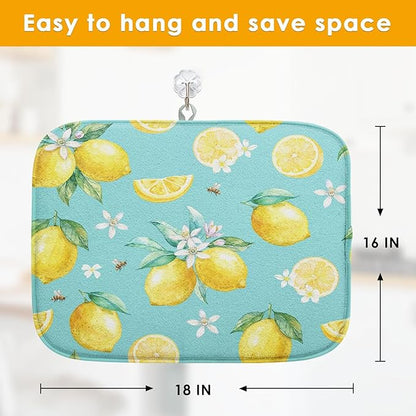 Sanwarm Absorbent Dish Drying Mat, Watercolor Lemons Yellow Fruit Lime Microfiber Pad for Kitchen Counter, Coffee Bar Decor, Heat Resistant and Reversible, 16" x 18"