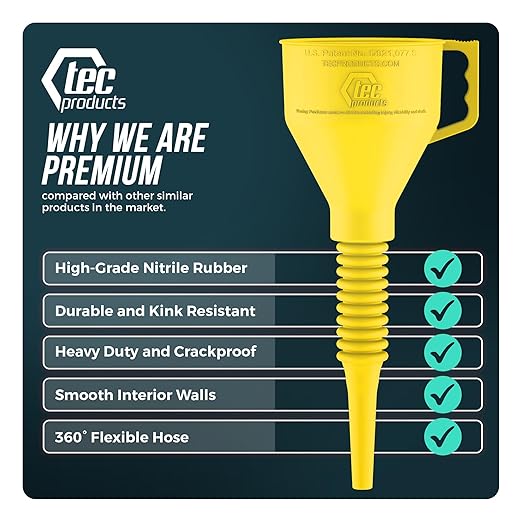 TEC Products FlexAll Long Flexible Funnels - Automotive Oil Funnel with Hose, Durable Nitrile Rubber for Oil Change, Transmission Funnel Fluid, Diesel, Fuel, Gas - Made in USA - Yellow (16 x 5 Inches) - Image 3