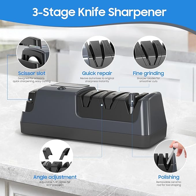 5-in-1 Electric Knife Sharpener for Kitchen Knives, with 100% Diamond Abrasives, 3 Adjustable Speeds, Quickly Sharpening for Straight/Serrated/Kitchen Knives, Scissors - Image 4