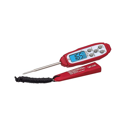 Taylor Digital Instant Read Meat Thermometer for GLP-1 High Protein Meal Prep – Waterproof Kitchen Probe for Chicken, Steak, Lean Cuts, Grill, BBQ – Fast Temperature Check, Blue Backlight Display, Red by Taylor