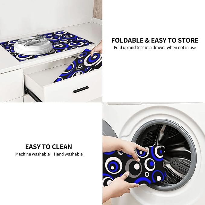 Blue Black White Geometric Circle Dish Drying Mat for Kitchen Counter, 18" x 24" Absorbent Microfiber Drying Pad for Dishes, Modern Decor Kitchen Mat, Foldable, for Sink Dining Area Small Appliances